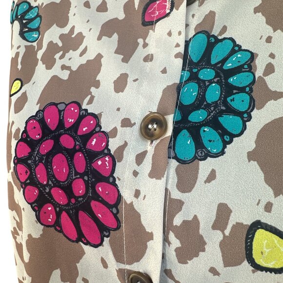 Grace & Emma Small Multicolor Cow Print Floral Long Sleeve Button Blouse - Picture 2 of 6